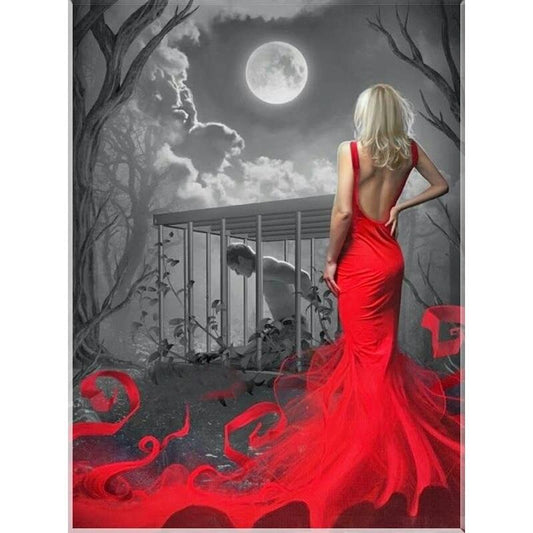 Femme en Robe Rouge & Homme sous la Lune