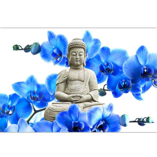 Un Bouddha au Milieu de Fleurs Bleues