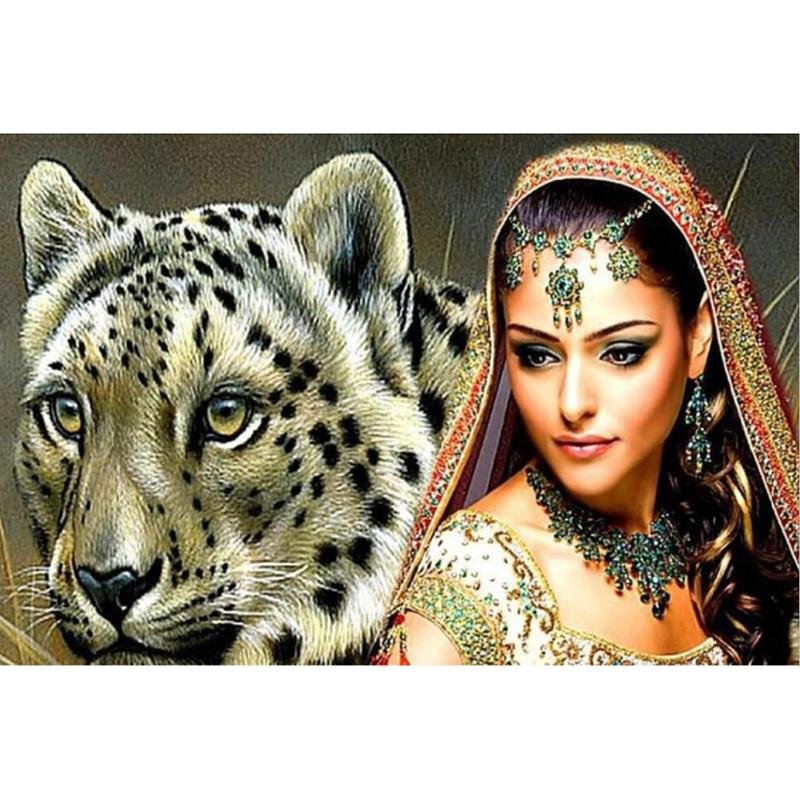 Beauté d'une Fille indienne avec un Léopard - Kit Broderie Diamant - Artiste du Diamant - Diamond Painting