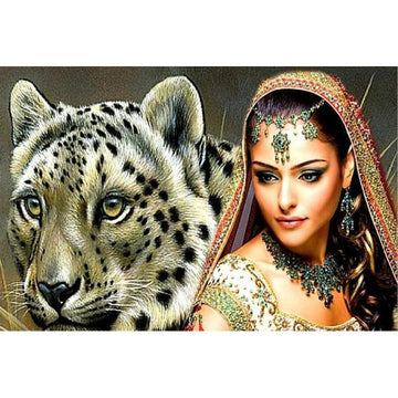 Beauté d'une Fille indienne avec un Léopard - Kit Broderie Diamant - Artiste du Diamant - Diamond Painting