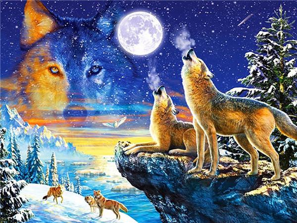 Loups Hurlant Sous la Pleine Lune - Kit Broderie Diamant - Artiste du Diamant - Diamond Painting