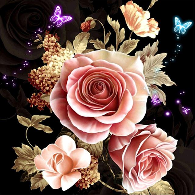 Roses & Papillons Fluorescents - Kit Broderie Diamant - Artiste du Diamant - Diamond Painting
