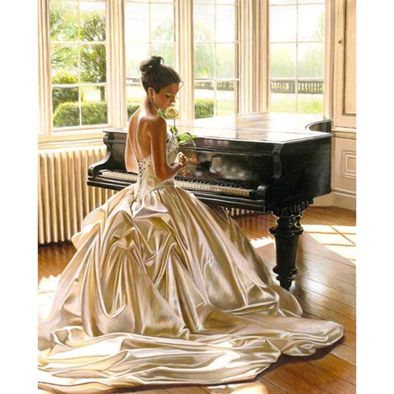 Une Jeune Fille avec sa Magnifique Robe Jouant du Piano - Kit Broderie Diamant - Artiste du Diamant - Diamond Painting